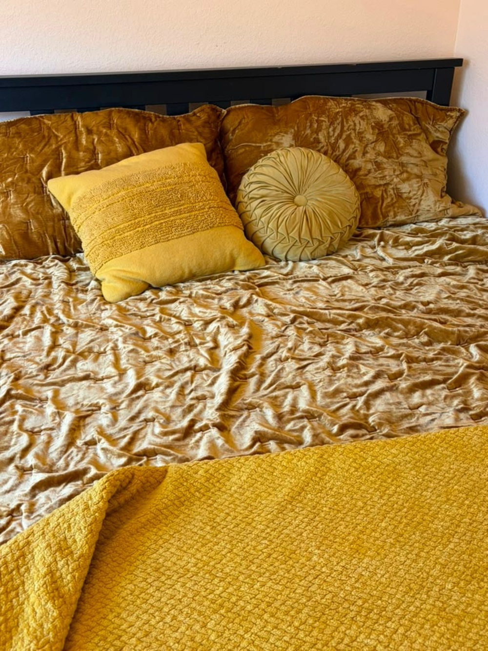 West Elm Golden Velvet Quilt and shams set, matching yellow cushions and throw